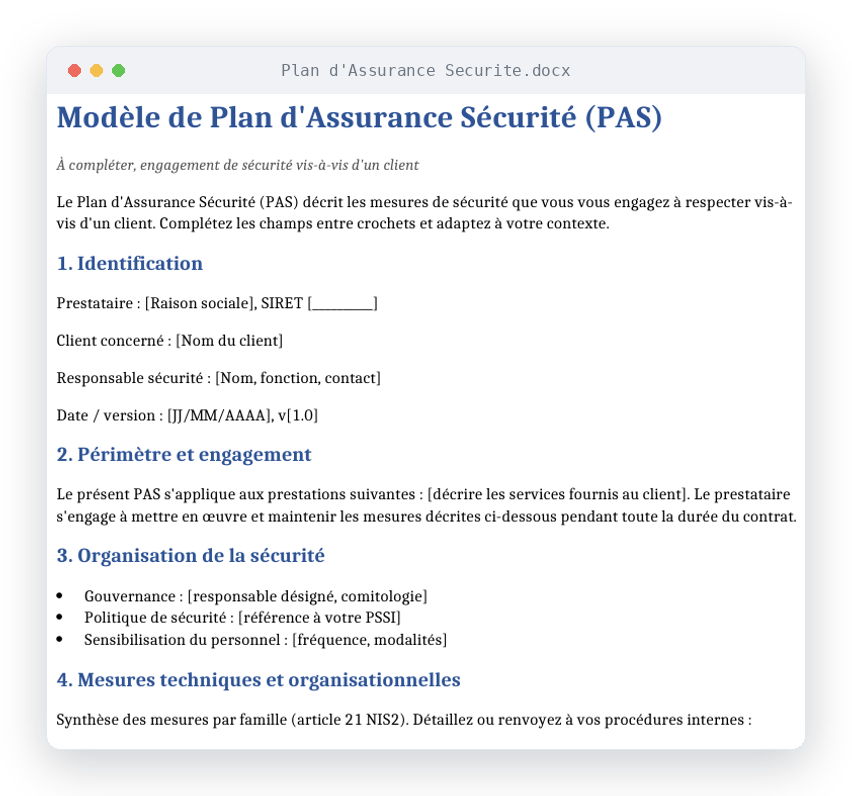 Aperçu du modèle de Plan d'Assurance Sécurité au format Word