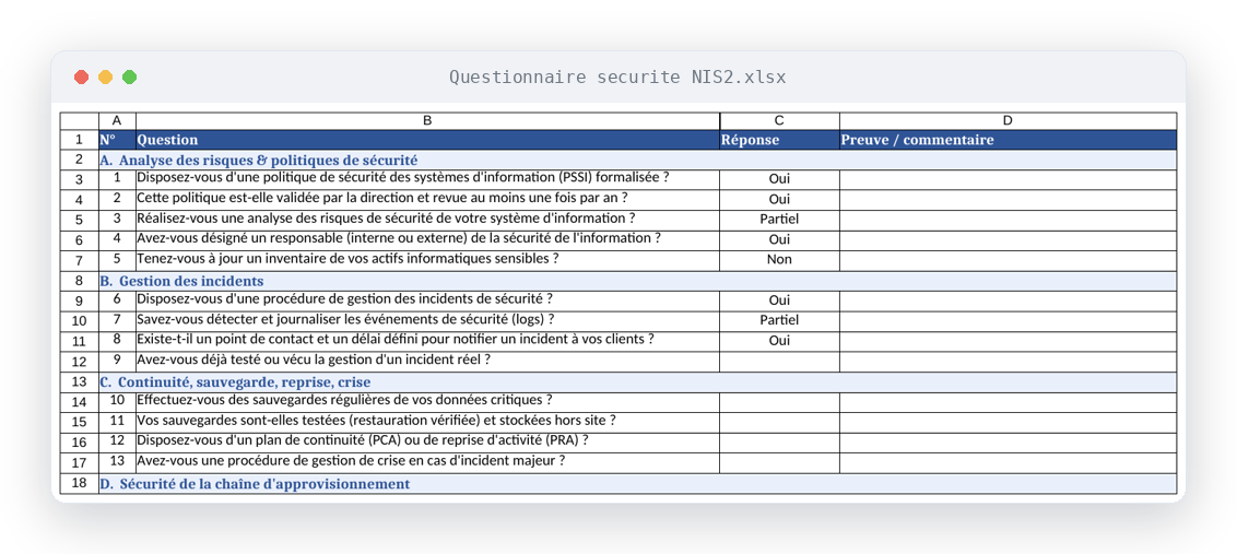 Aperçu du questionnaire de sécurité au format Excel